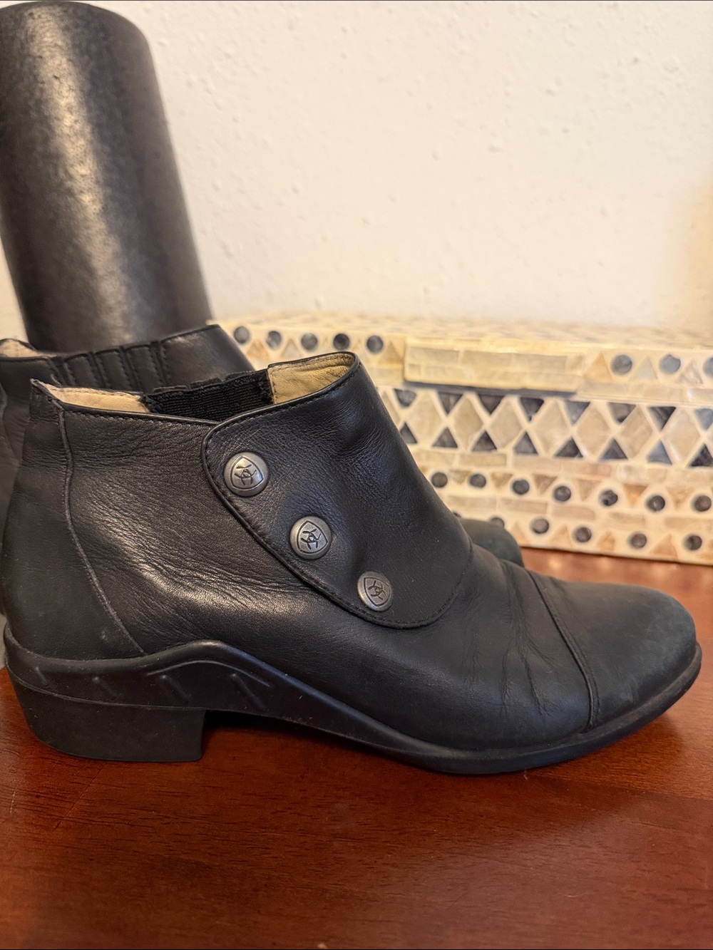 Black Leather Ankle Boots with Button Detail